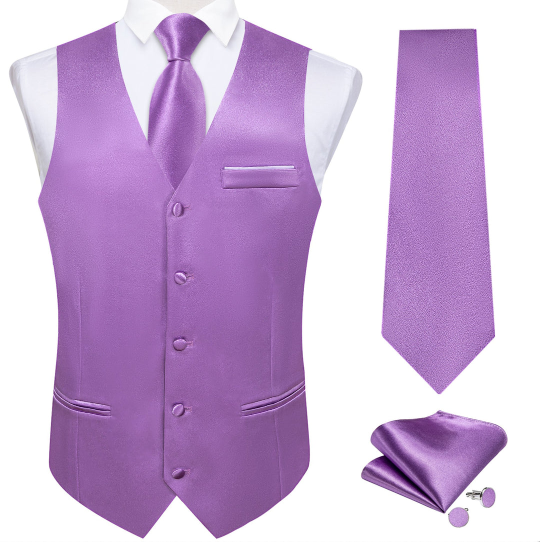 Purple Solid Satin Waistcoat Vest Tie Handkerchief Cufflinks Set- MJ-0630 - SimonVon Shop