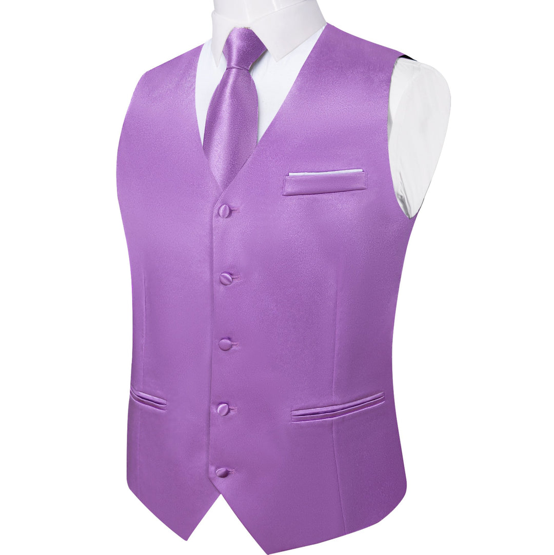 Purple Solid Satin Waistcoat Vest Tie Handkerchief Cufflinks Set- MJ-0630 - SimonVon Shop