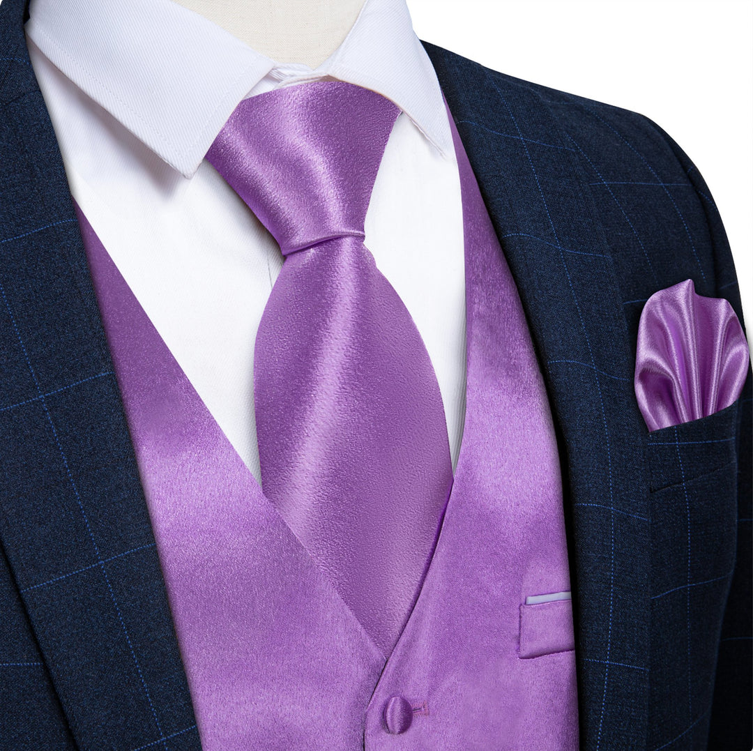Purple Solid Satin Waistcoat Vest Tie Handkerchief Cufflinks Set- MJ-0630 - SimonVon Shop