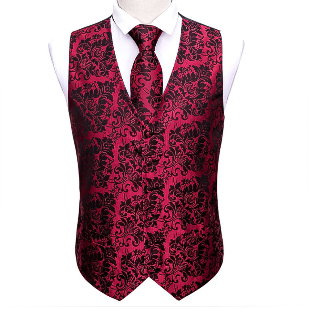 Red And Black Floral Silk 4pc Waistcoat Vest Necktie Pocket Square Cufflinks Set- MJ-2034 - SimonVon Shop