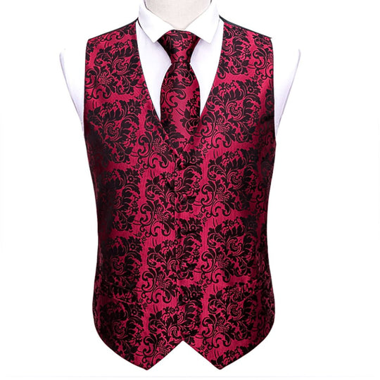 Red And Black Floral Silk 4pc Waistcoat Vest Necktie Pocket Square Cufflinks Set- MJ-2034 - SimonVon Shop