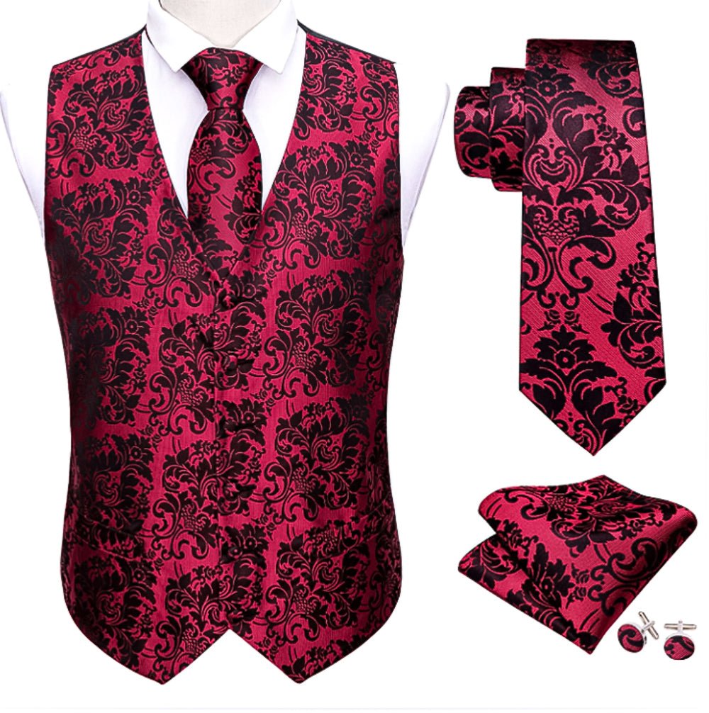 Red And Black Floral Silk 4pc Waistcoat Vest Necktie Pocket Square Cufflinks Set- MJ-2034 - SimonVon Shop