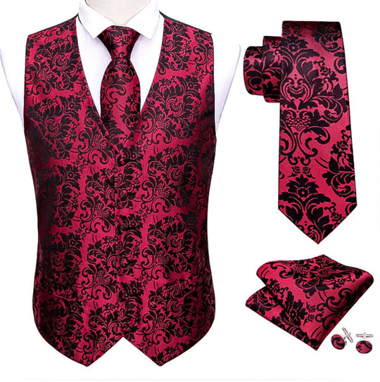 Red And Black Floral Silk 4pc Waistcoat Vest Necktie Pocket Square Cufflinks Set- MJ-2034 - SimonVon Shop