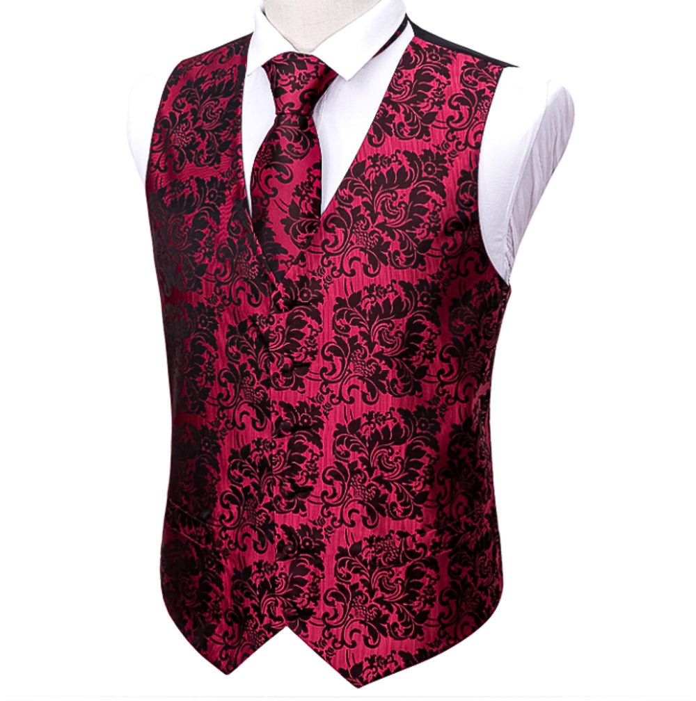 Red And Black Floral Silk 4pc Waistcoat Vest Necktie Pocket Square Cufflinks Set- MJ-2034 - SimonVon Shop