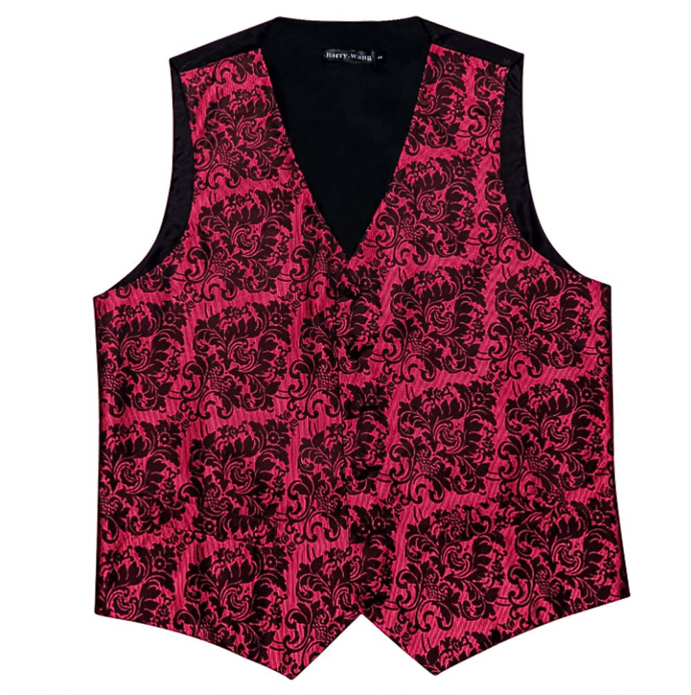 Red And Black Floral Silk 4pc Waistcoat Vest Necktie Pocket Square Cufflinks Set- MJ-2034 - SimonVon Shop