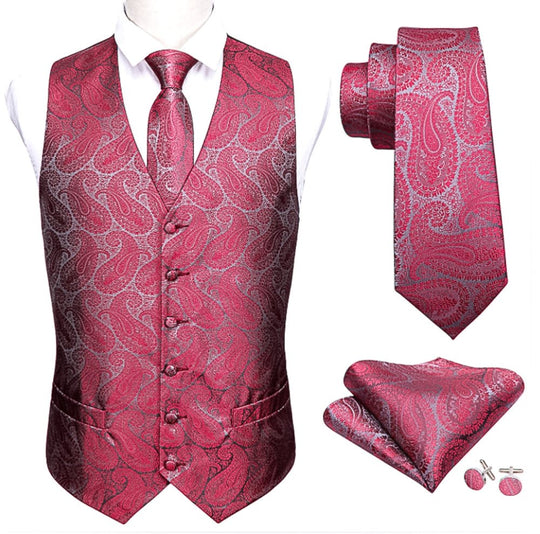 Red And Grey Floral Silk 4pc Waistcoat Vest Necktie Pocket Square Cufflinks Set-MJ-2043 - SimonVon Shop