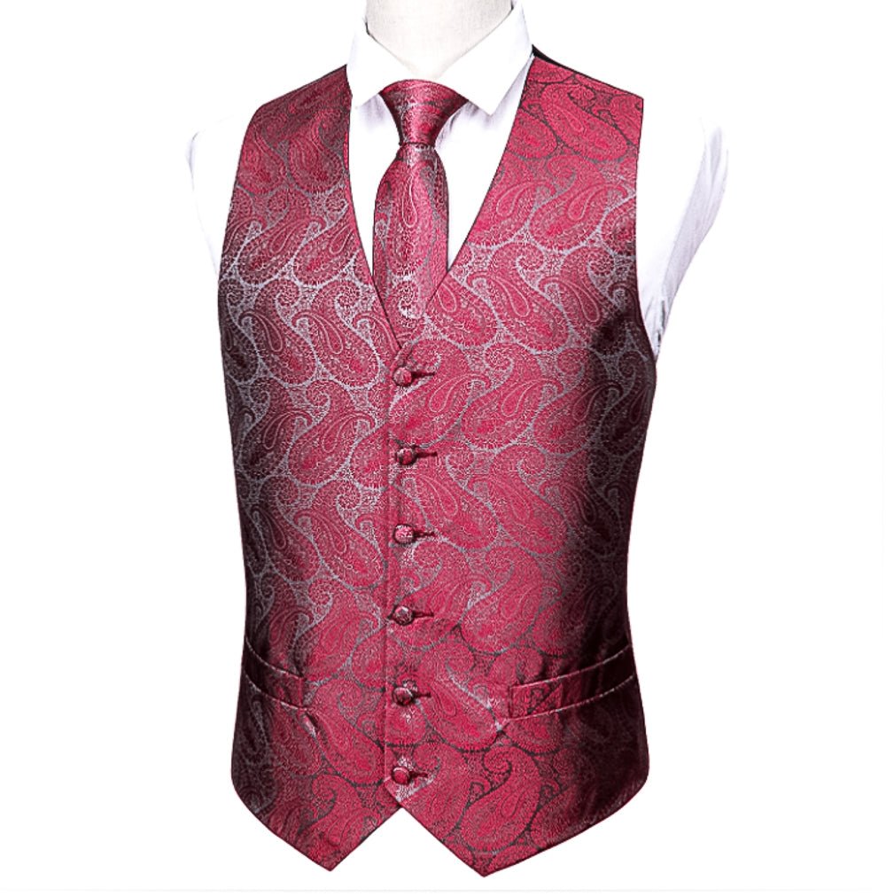 Red And Grey Floral Silk 4pc Waistcoat Vest Necktie Pocket Square Cufflinks Set-MJ-2043 - SimonVon Shop