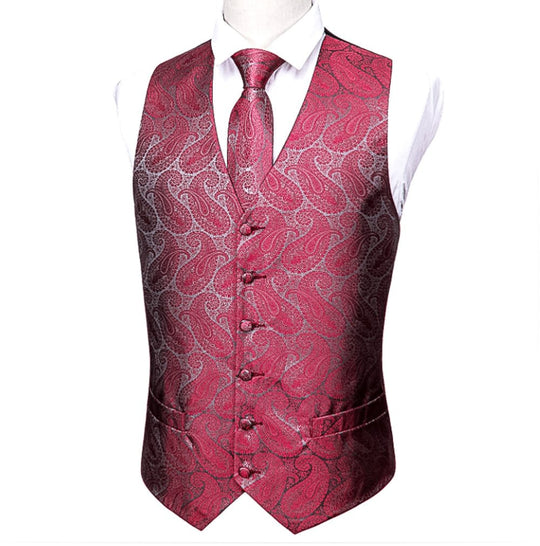 Red And Grey Floral Silk 4pc Waistcoat Vest Necktie Pocket Square Cufflinks Set-MJ-2043 - SimonVon Shop