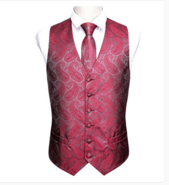 Red And Grey Floral Silk 4pc Waistcoat Vest Necktie Pocket Square Cufflinks Set-MJ-2043 - SimonVon Shop