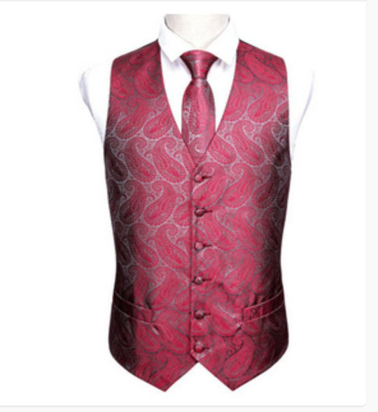 Red And Grey Floral Silk 4pc Waistcoat Vest Necktie Pocket Square Cufflinks Set-MJ-2043 - SimonVon Shop