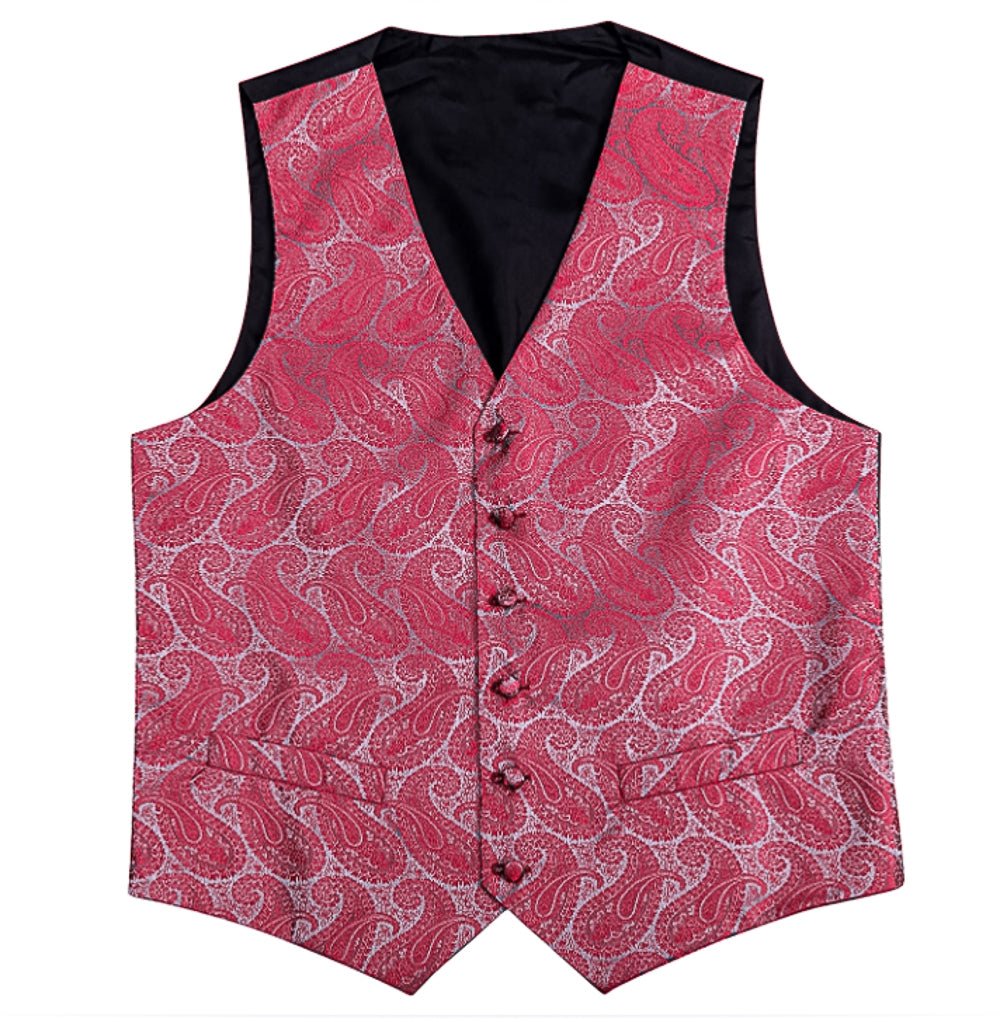 Red And Grey Floral Silk 4pc Waistcoat Vest Necktie Pocket Square Cufflinks Set-MJ-2043 - SimonVon Shop