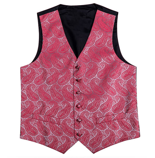 Red And Grey Floral Silk 4pc Waistcoat Vest Necktie Pocket Square Cufflinks Set-MJ-2043 - SimonVon Shop