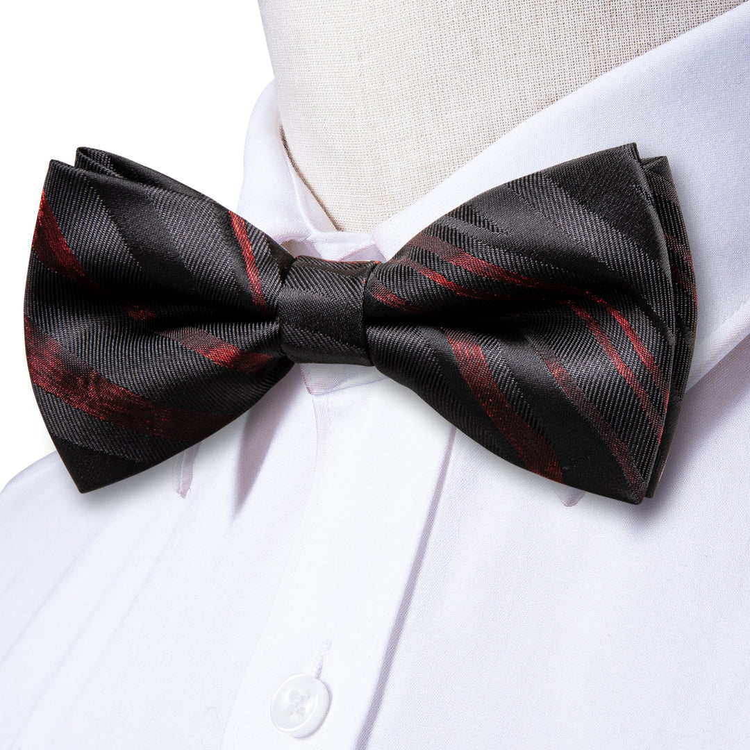 RED BLACK PAISLEY SELF-BOWTIE POCKET SQUARE CUFFLINKS SET-LH-0565 - SimonVon Shop