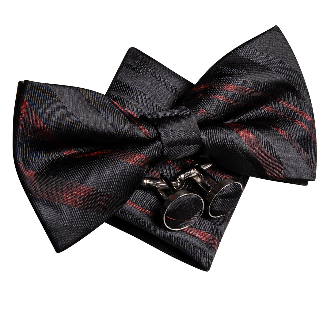 RED BLACK PAISLEY SELF-BOWTIE POCKET SQUARE CUFFLINKS SET-LH-0565 - SimonVon Shop