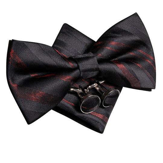 RED BLACK PAISLEY SELF-BOWTIE POCKET SQUARE CUFFLINKS SET-LH-0565 - SimonVon Shop