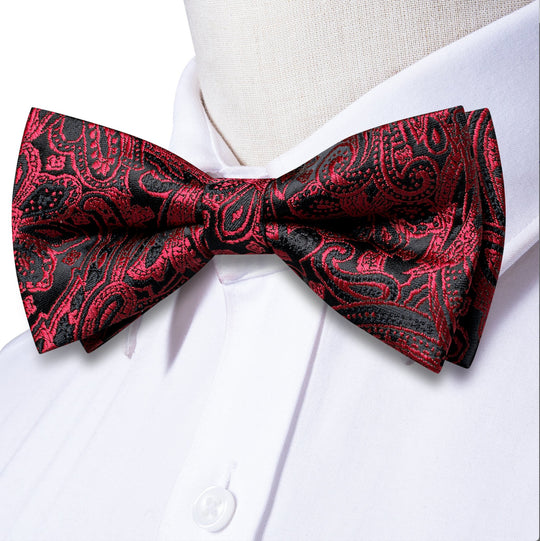 Red Black Paisley Silk Bow Tie Hanky Cufflinks Set-LH-0574 - SimonVon Shop