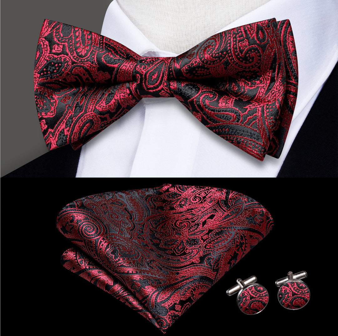 Red Black Paisley Silk Bow Tie Hanky Cufflinks Set-LH-0574 - SimonVon Shop
