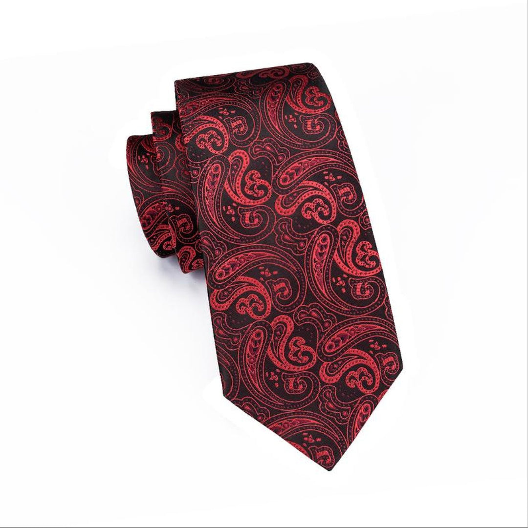 Red Black Paisley Tie Handkerchief Cufflinks Set- N-0314 - SimonVon Shop