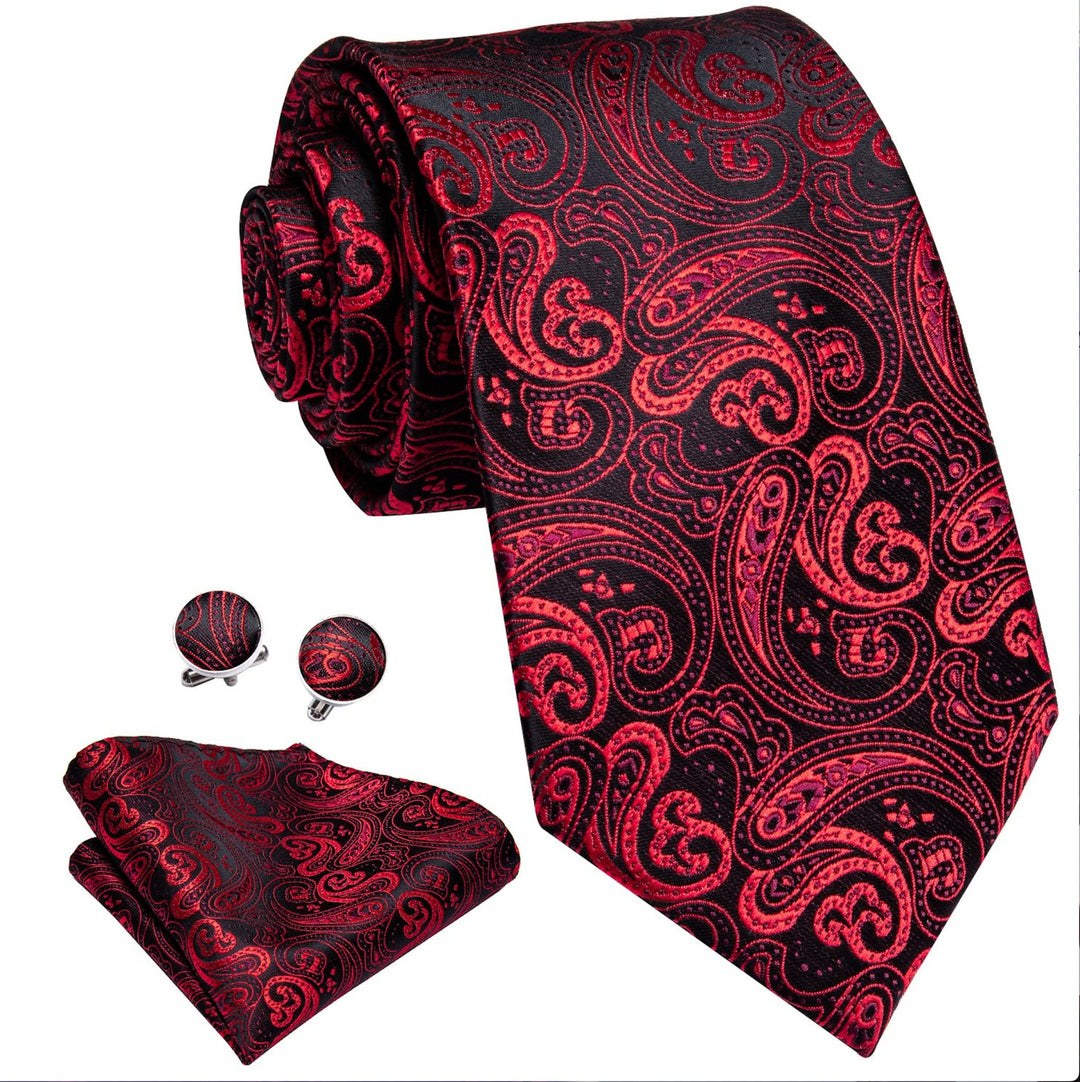 Red Black Paisley Tie Handkerchief Cufflinks Set- N-0314 - SimonVon Shop