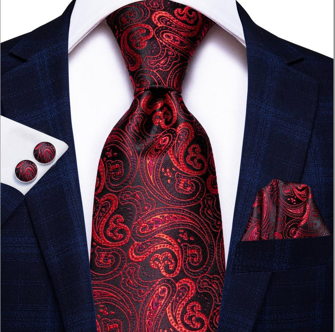 Red Black Paisley Tie Handkerchief Cufflinks Set- N-0314 - SimonVon Shop