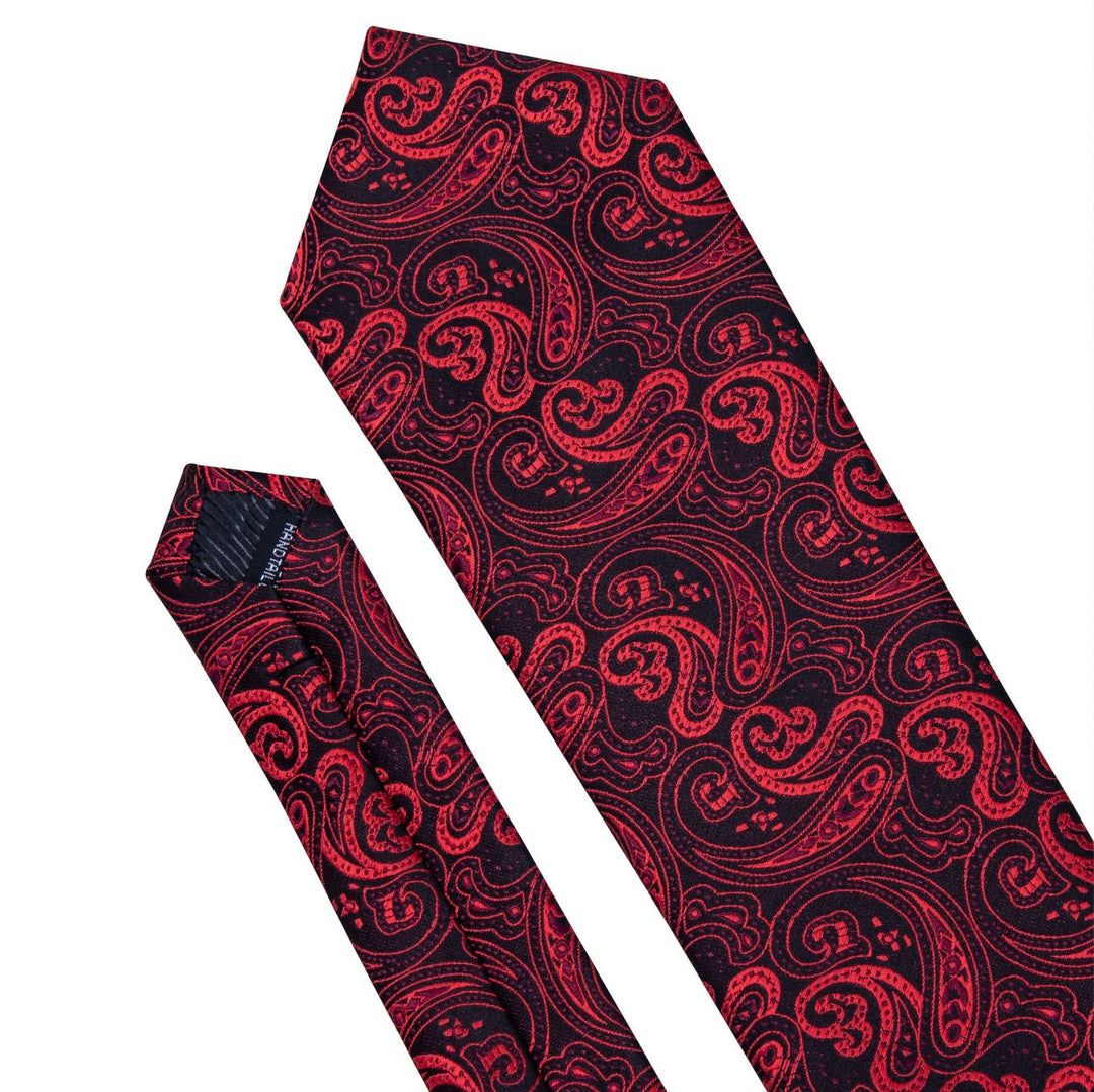 Red Black Paisley Tie Handkerchief Cufflinks Set- N-0314 - SimonVon Shop
