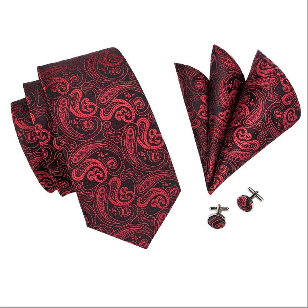 Red Black Paisley Tie Handkerchief Cufflinks Set- N-0314 - SimonVon Shop