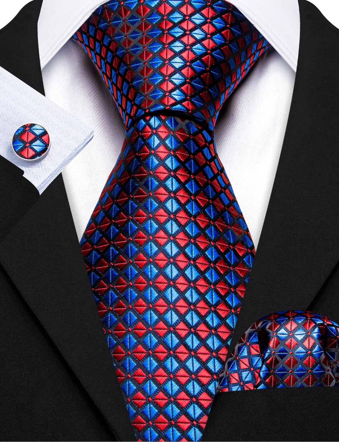 Red Blue Plaid Silk Tie Handkerchief Cufflinks Set- N-6122 - SimonVon Shop