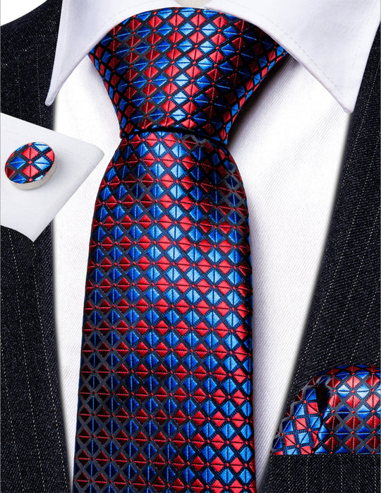 Red Blue Plaid Silk Tie Handkerchief Cufflinks Set- N-6122 - SimonVon Shop