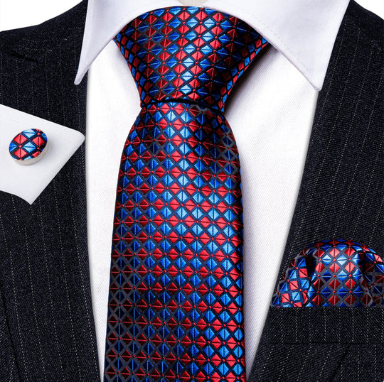 Red Blue Plaid Silk Tie Handkerchief Cufflinks Set- N-6122 - SimonVon Shop