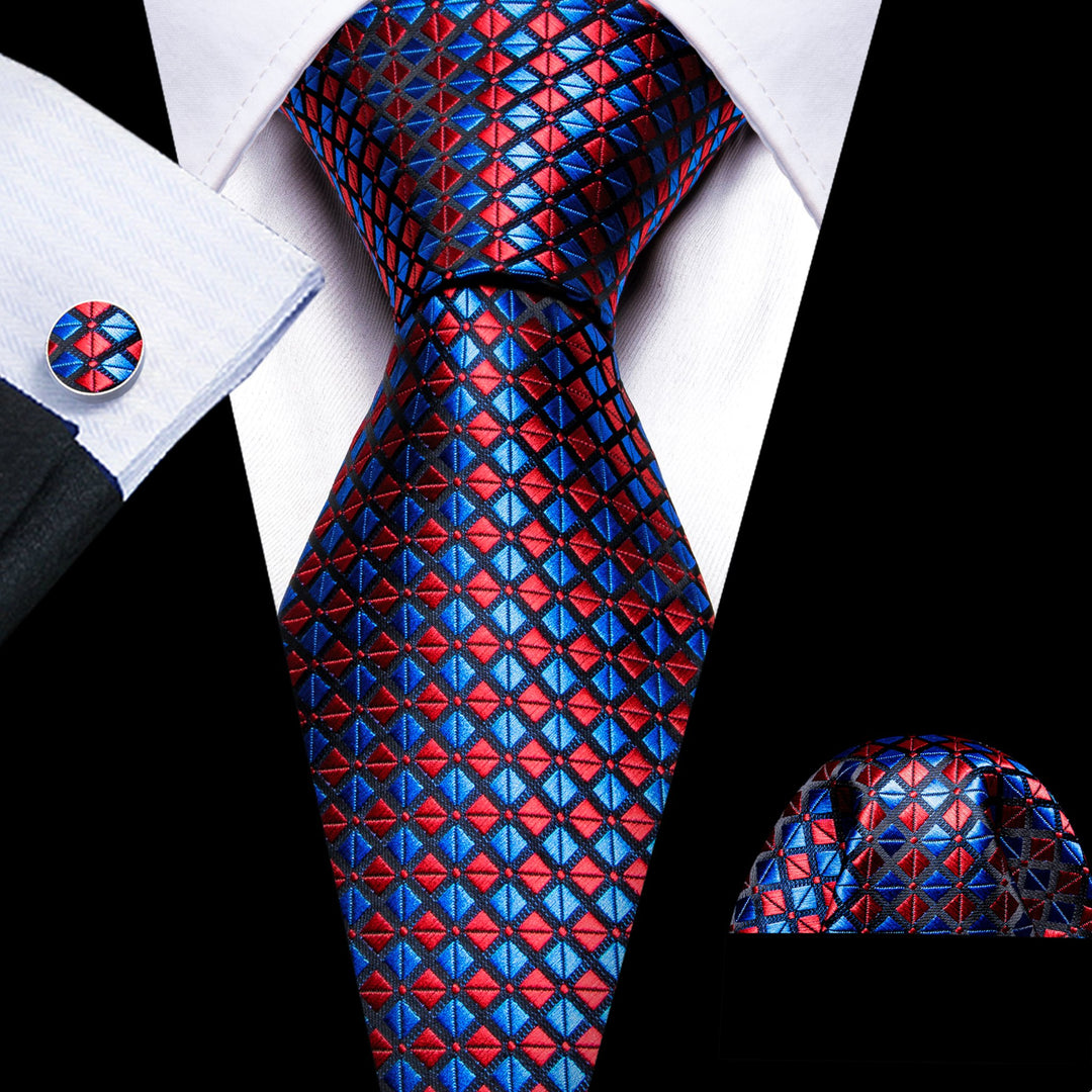 Red Blue Plaid Silk Tie Handkerchief Cufflinks Set- N-6122 - SimonVon Shop