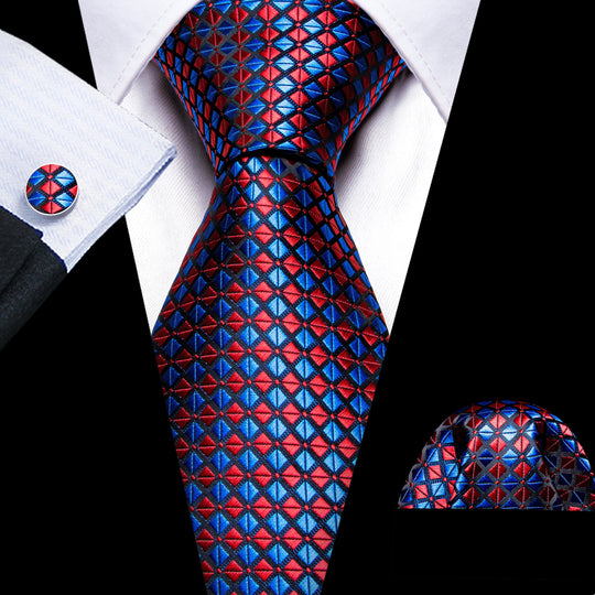 Red Blue Plaid Silk Tie Handkerchief Cufflinks Set- N-6122 - SimonVon Shop