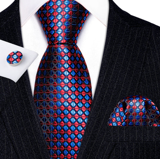 Red Blue Plaid Silk Tie Handkerchief Cufflinks Set- N-6122 - SimonVon Shop