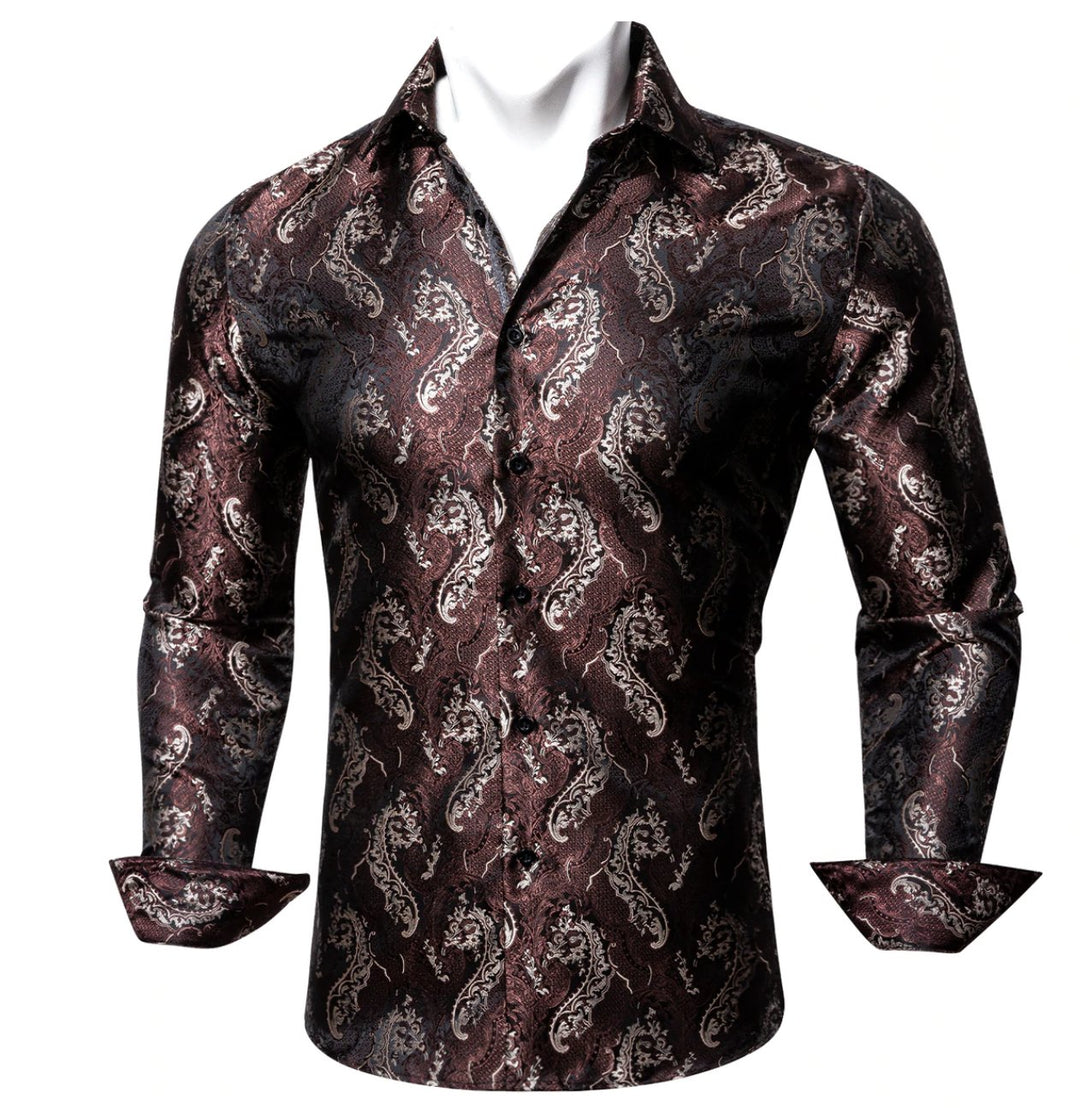 Red Brown Silk Paisley Long Sleeve Men's Shirt. CY-2009 - SimonVon Shop