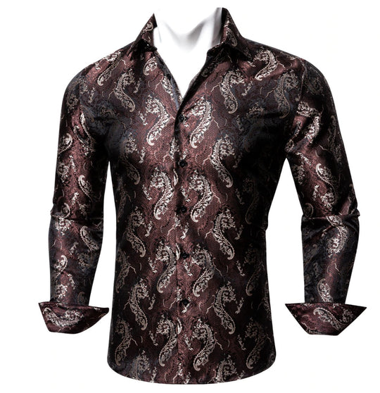 Red Brown Silk Paisley Long Sleeve Men's Shirt. CY-2009 - SimonVon Shop
