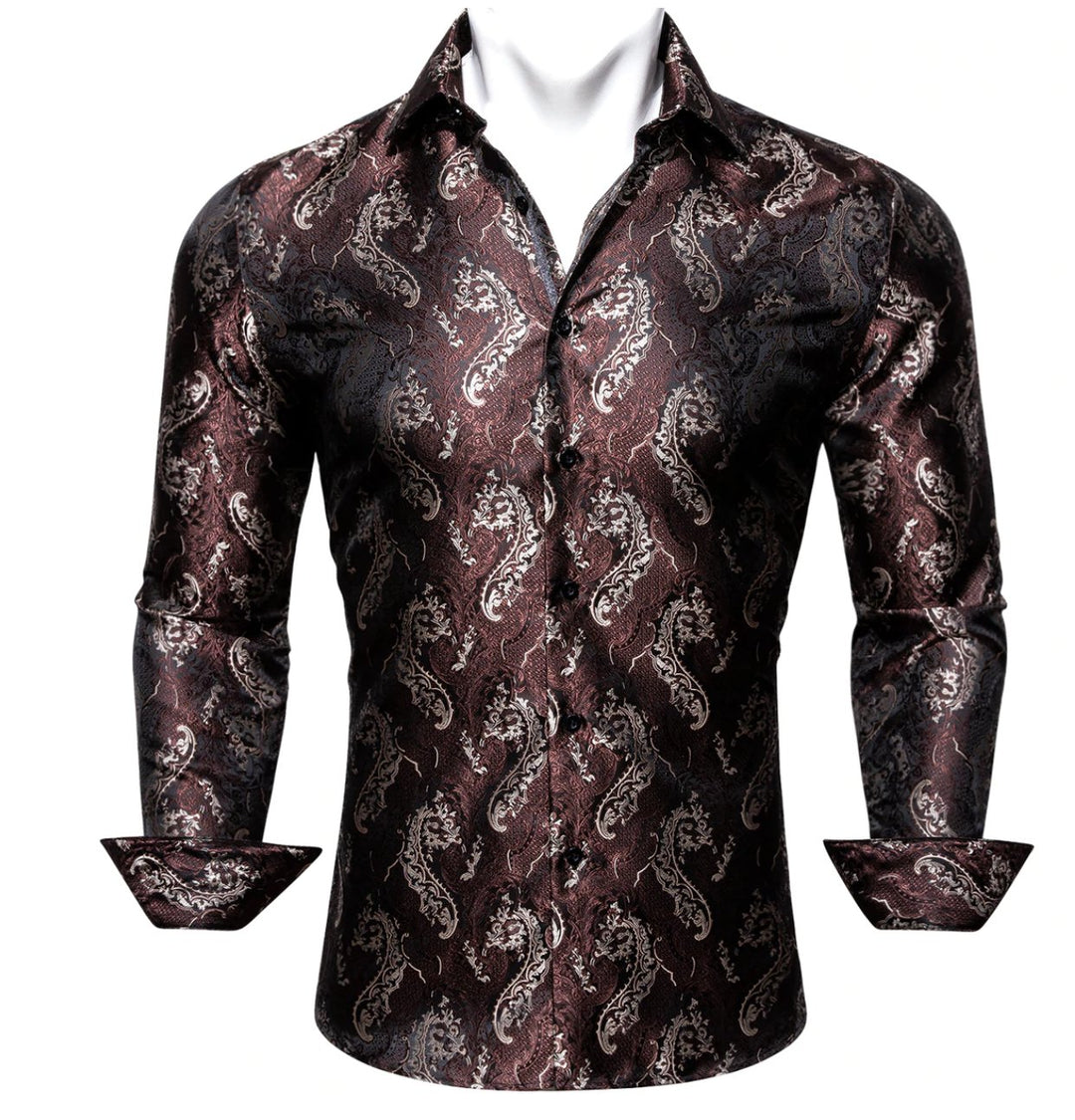 Red Brown Silk Paisley Long Sleeve Men's Shirt. CY-2009 - SimonVon Shop