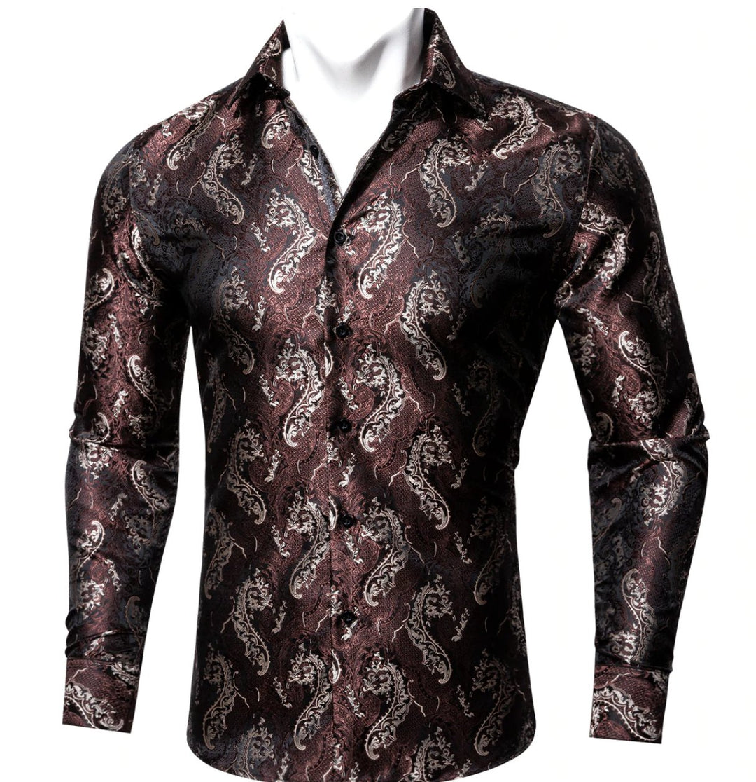 Red Brown Silk Paisley Long Sleeve Men's Shirt. CY-2009 - SimonVon Shop