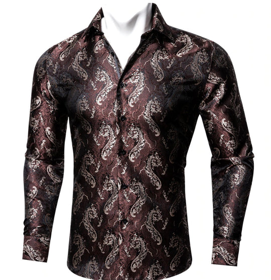 Red Brown Silk Paisley Long Sleeve Men's Shirt. CY-2009 - SimonVon Shop