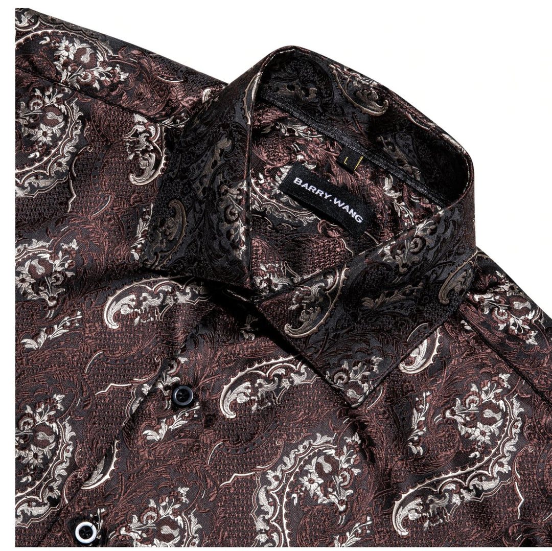 Red Brown Silk Paisley Long Sleeve Men's Shirt. CY-2009 - SimonVon Shop