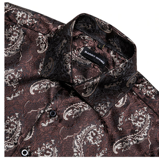 Red Brown Silk Paisley Long Sleeve Men's Shirt. CY-2009 - SimonVon Shop