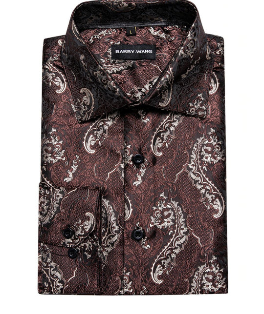 Red Brown Silk Paisley Long Sleeve Men's Shirt. CY-2009 - SimonVon Shop