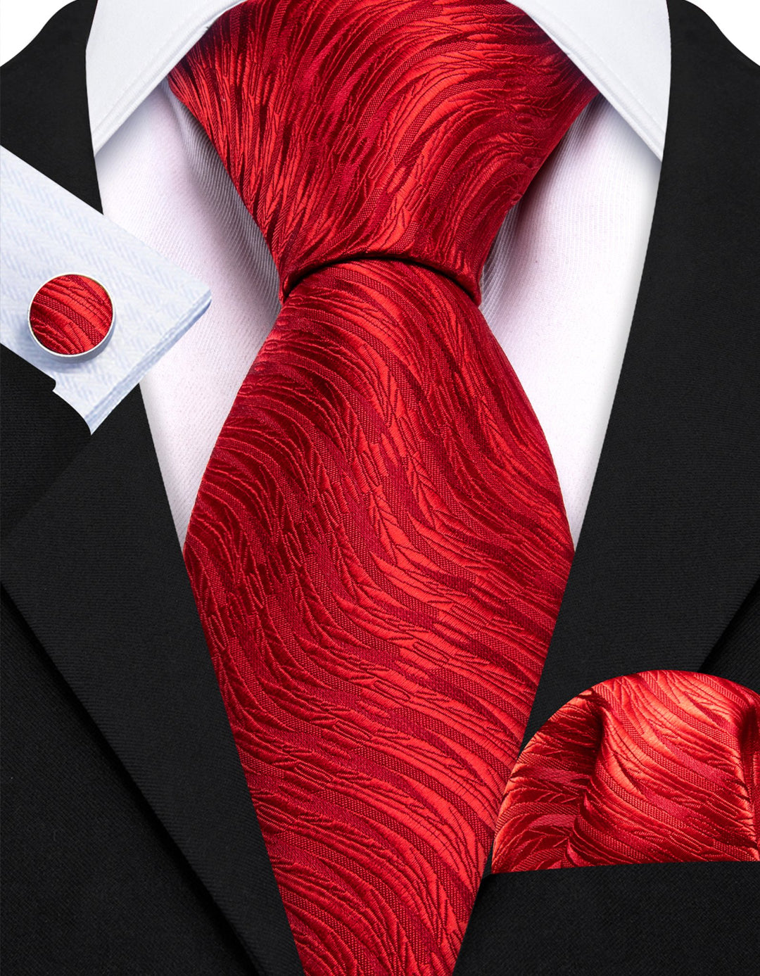 Red Floral Silk Tie Pocket Square Cufflinks Set-N-6528 - SimonVon Shop