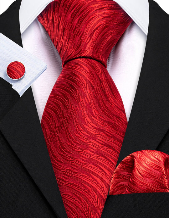 Red Floral Silk Tie Pocket Square Cufflinks Set-N-6528 - SimonVon Shop