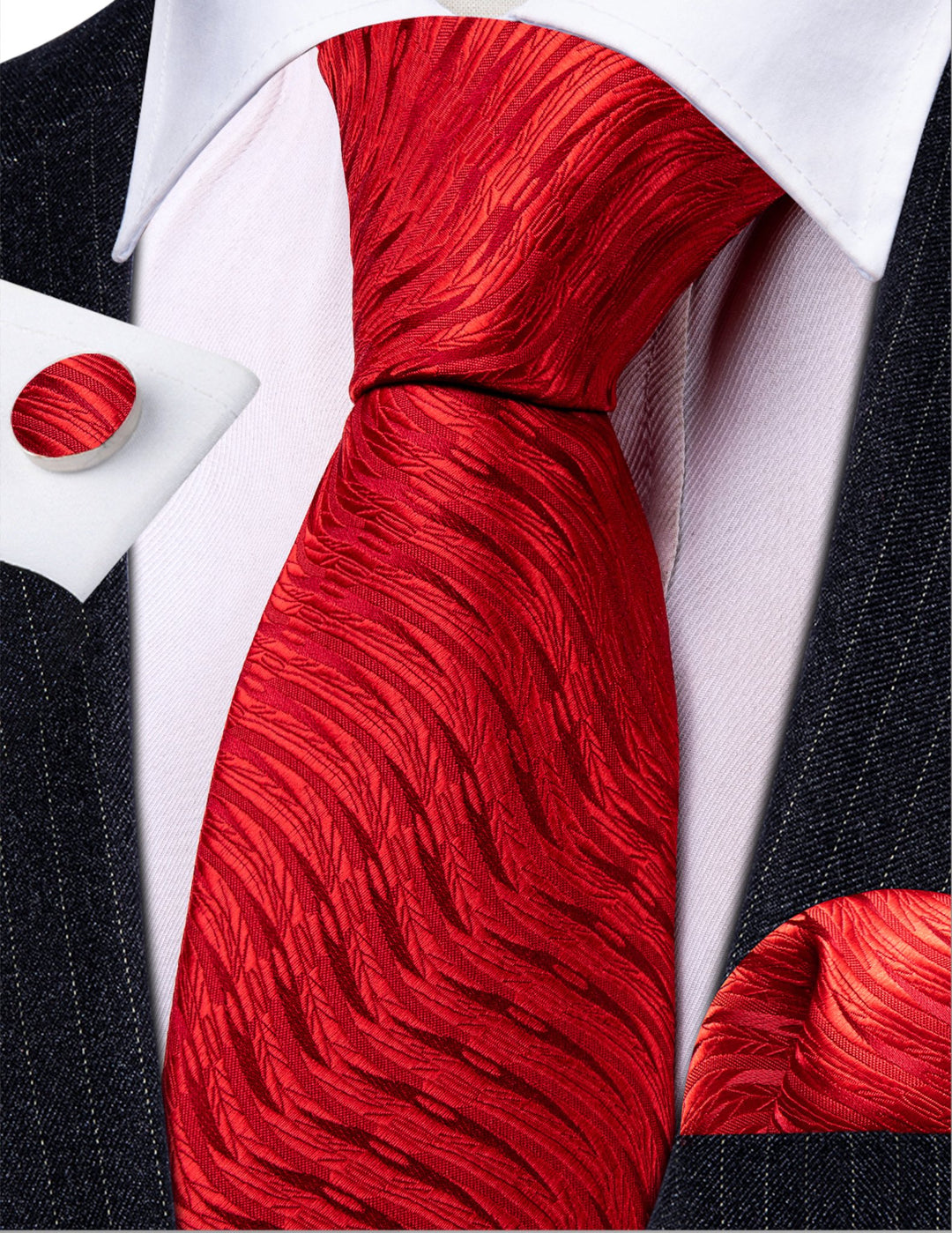 Red Floral Silk Tie Pocket Square Cufflinks Set-N-6528 - SimonVon Shop