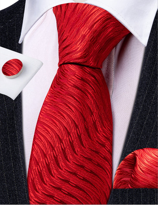 Red Floral Silk Tie Pocket Square Cufflinks Set-N-6528 - SimonVon Shop
