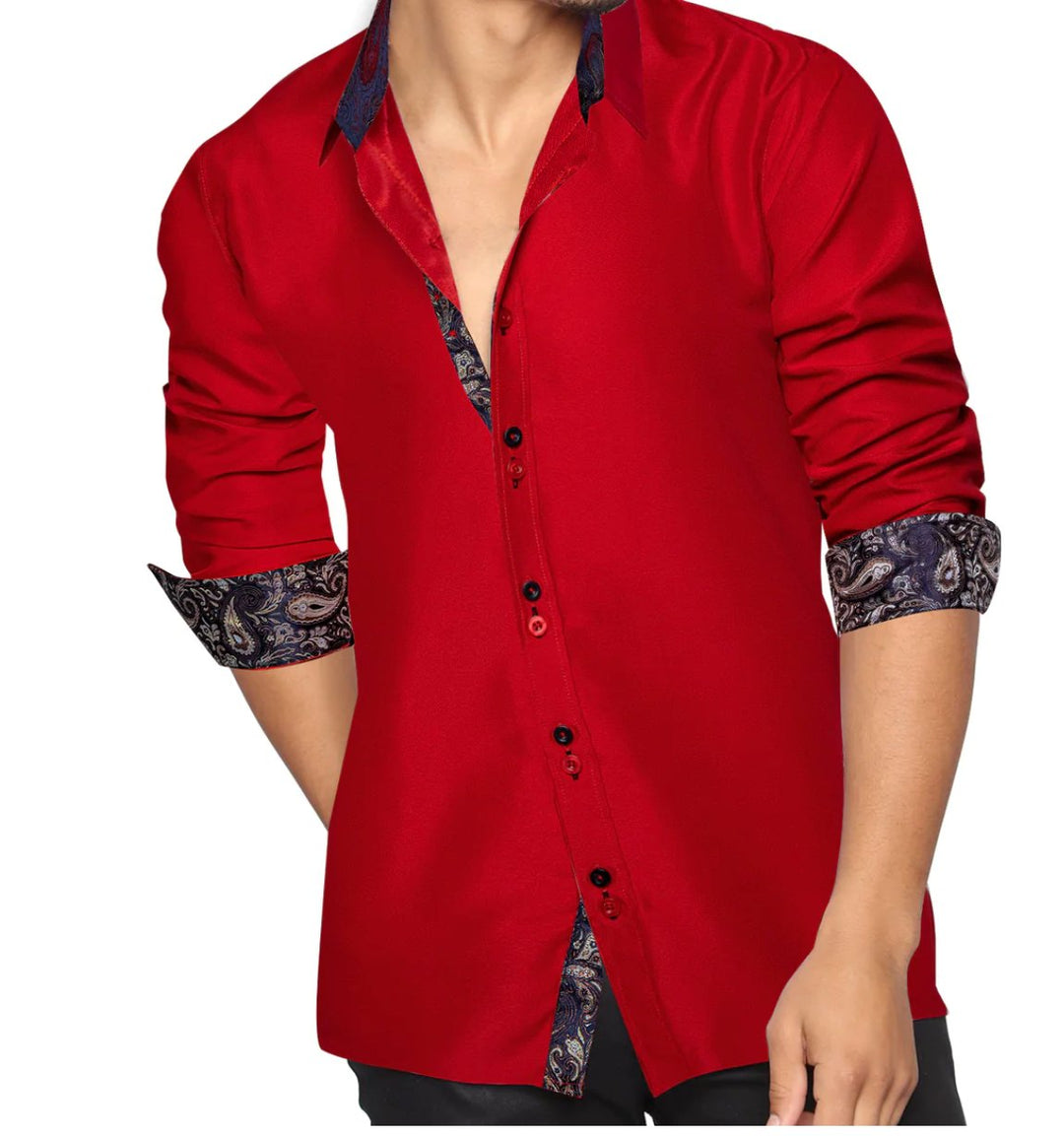 Red Mens's Shirt with contrast colored buttons unique cuffs design -CY-2201 - SimonVon Shop