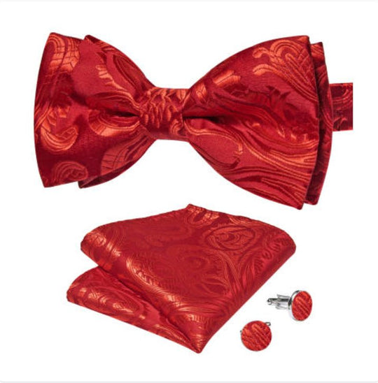 Red Paisley Pre-tied Bow Tie Hanky Cufflinks Set-LH-0170 - SimonVon Shop