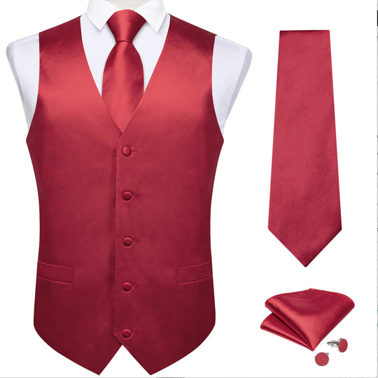 RED SOLID SATIN WAISTCOAT VEST TIE HANDKERCHIEF CUFFLINKS SET- MD-0318 - SimonVon Shop