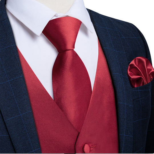 RED SOLID SATIN WAISTCOAT VEST TIE HANDKERCHIEF CUFFLINKS SET- MD-0318 - SimonVon Shop
