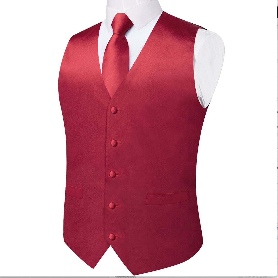 RED SOLID SATIN WAISTCOAT VEST TIE HANDKERCHIEF CUFFLINKS SET- MD-0318 - SimonVon Shop