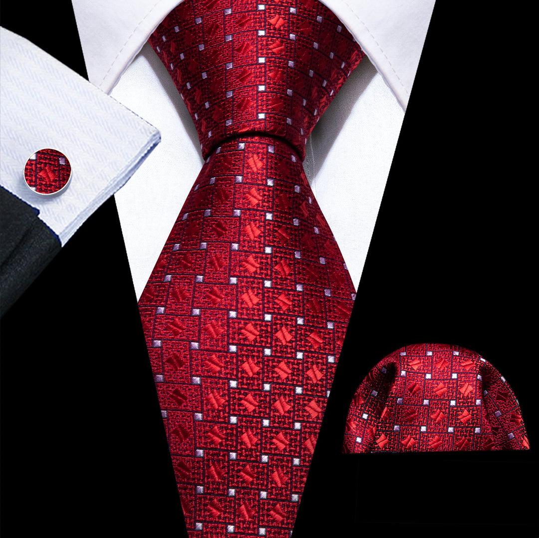 Red White Dot Tie Pocket Square Cufflinks Set- N-6260 - SimonVon Shop